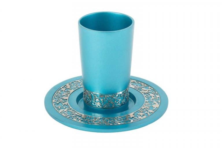 כוס קידוש עם צלחת מגזרת טורקיז כסף שבת אלומיניום