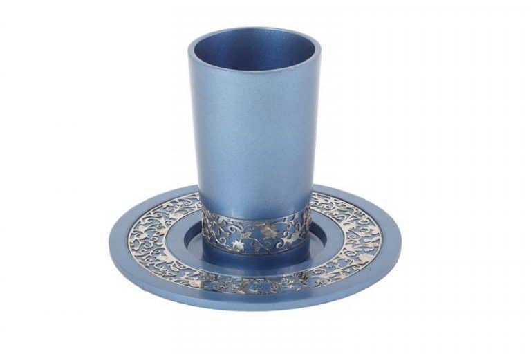 כוס קידוש עם צלחת מגזרת כחול כסף שבת אלומיניום
