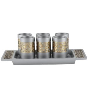 סט 6 כוסיות+ מגש - מגזרת מתכת רחבה - אלומיניום טבעי